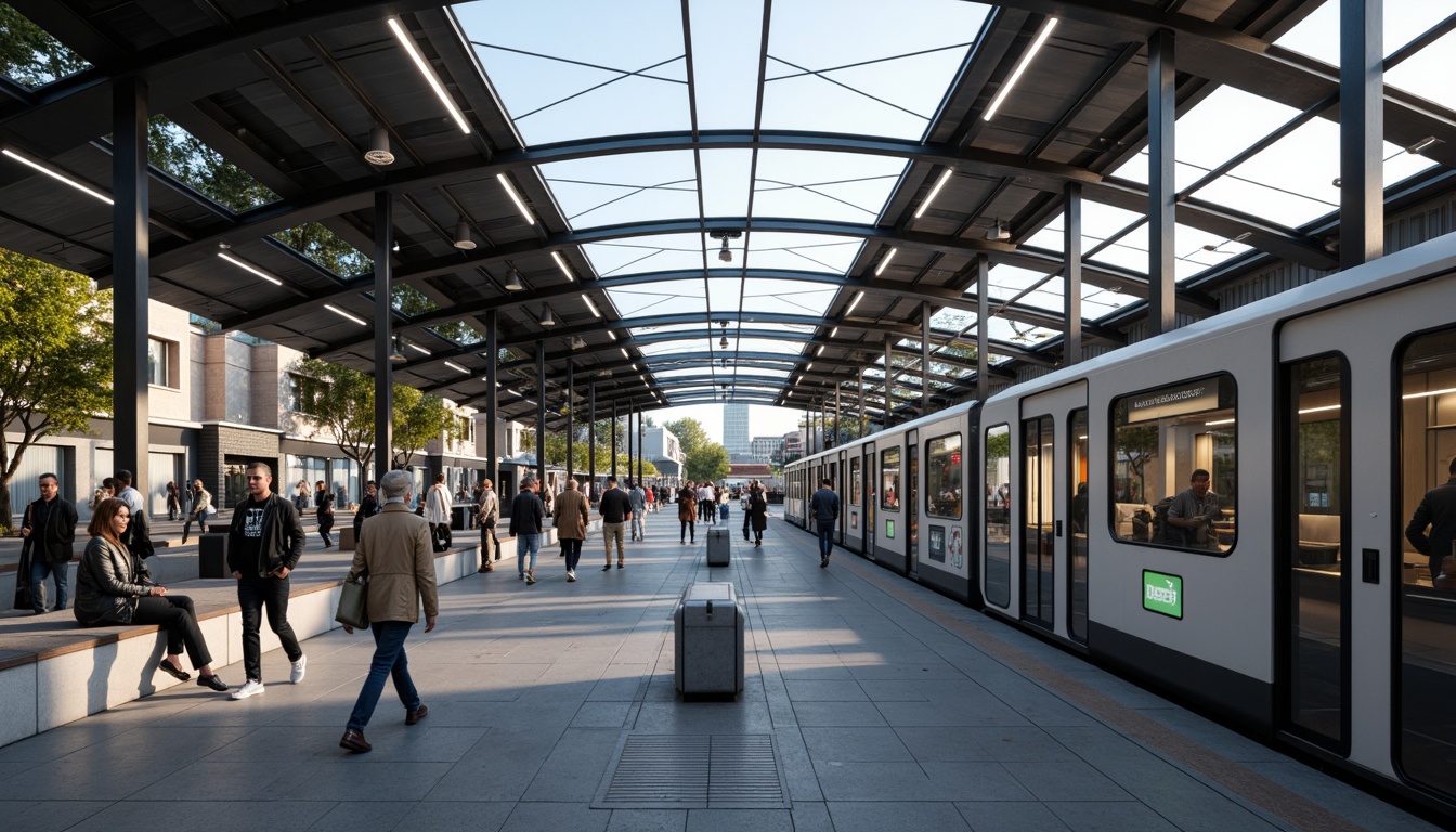 Prompt: Modern tram station, sleek metal framework, large glass roofs, natural daylight, soft warm lighting, subtle color temperatures, energy-efficient LED lights, minimalist fixtures, indirect illumination, platform seating areas, stainless steel handrails, concrete floors, urban cityscape, busy commuter traffic, dynamic movement, shallow depth of field, 1/1 composition, realistic textures, ambient occlusion.