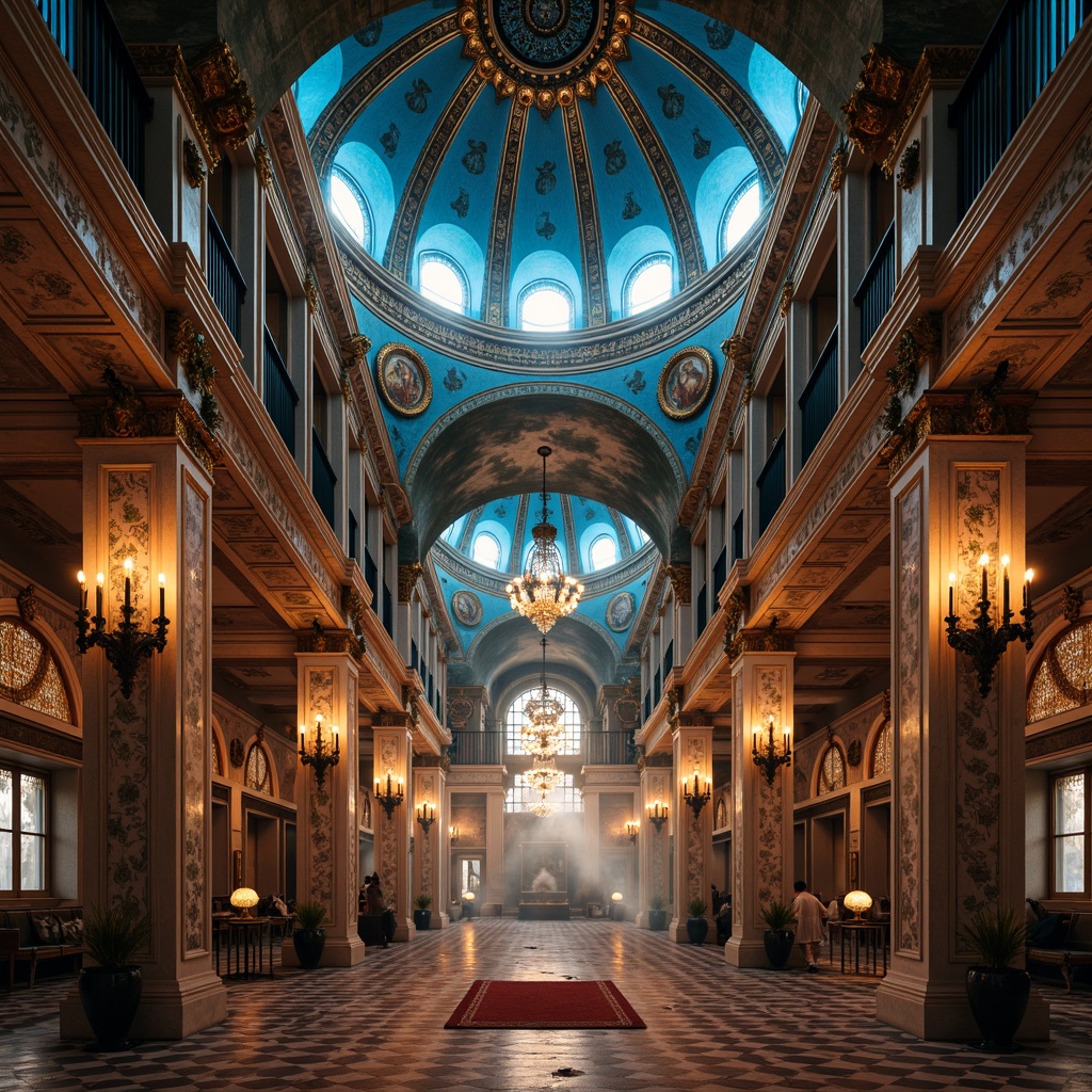 Prompt: Byzantine-style building, grandiose architecture, azure domes, golden accents, intricate mosaics, ornate frescoes, lavish decorations, luxurious fabrics, regal atmosphere, warm candlelight, rich wood tones, polished marble floors, ornamental columns, mystical ambiance, ethereal lighting, misty dawn, atmospheric perspective, 1/2 composition, symmetrical framing, high-contrast colors, detailed textures, ambient shadows.