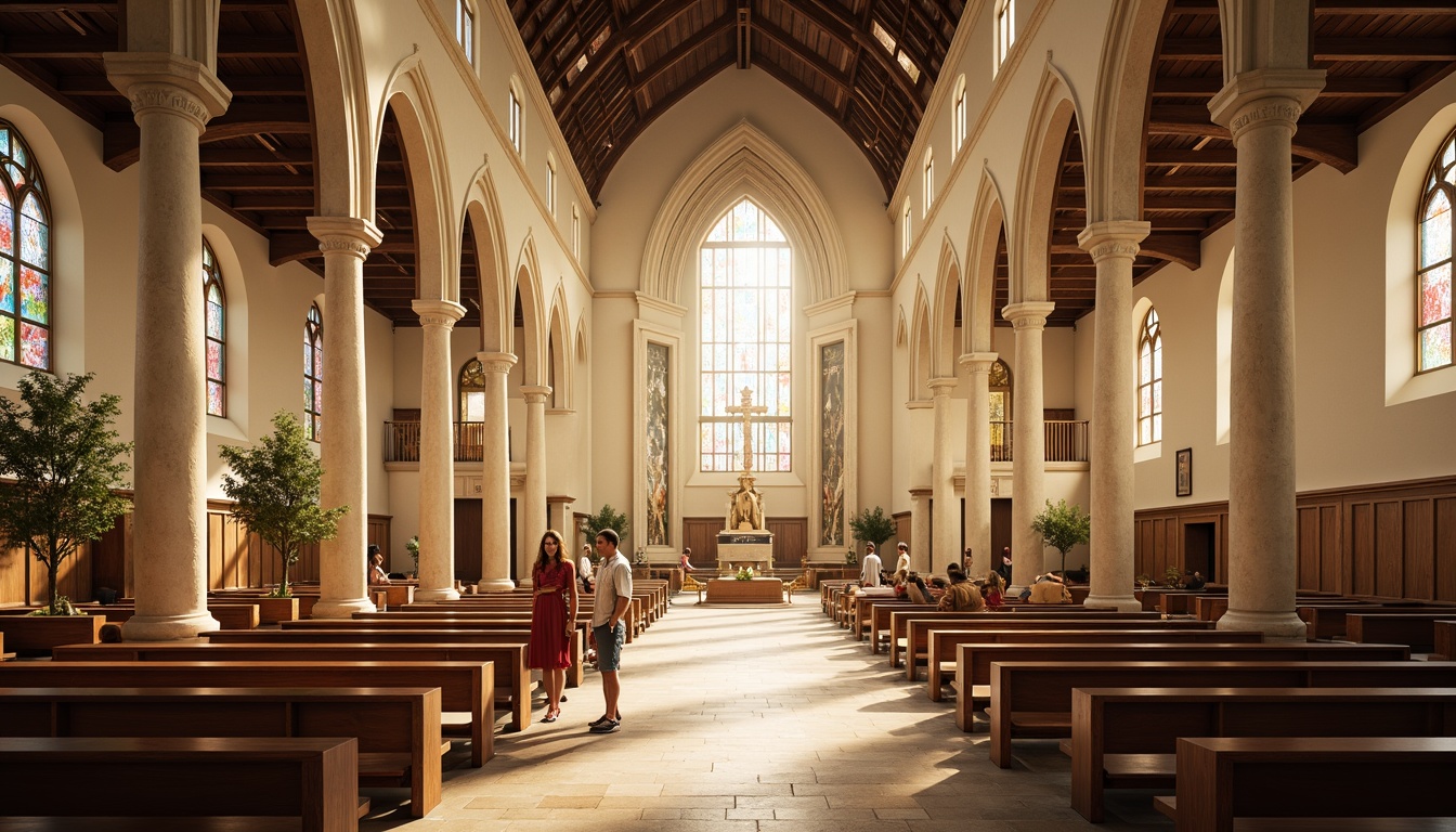 Prompt: Serene spiritual atmosphere, soft warm lighting, calming color palette, creamy whites, soothing blues, earthy tones, natural stone textures, wooden accents, stained glass windows, vibrant reds, golden yellows, intricate architectural details, grand ceilings, ornate furnishings, peaceful ambiance, morning sunlight, subtle shadows, 1/1 composition, realistic renderings.