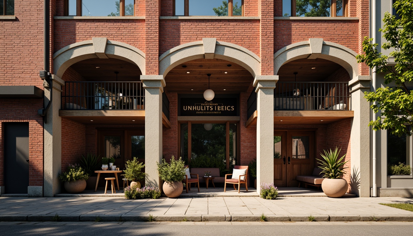 Prompt: Rustic warehouse facade, classic industrial architecture, exposed brick walls, wooden beams, metal frames, vintage signage, distressed finishes, earthy color palette, natural stone foundations, ornate cornices, arched windows, decorative pilasters, symmetrical composition, warm afternoon lighting, shallow depth of field, 2/3 composition, realistic textures, ambient occlusion.