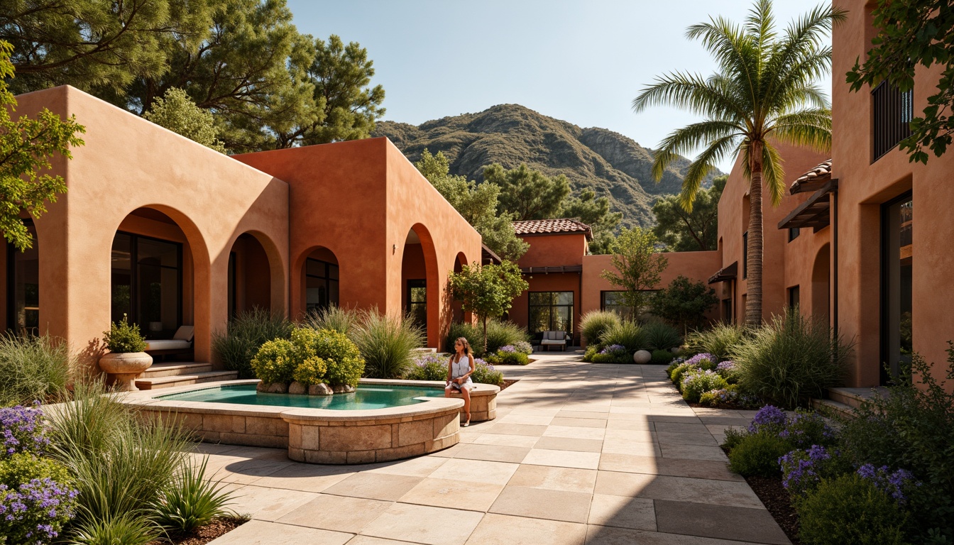 Prompt: Warm persimmon hues, earthy terracotta tones, rich burnt orange accents, soft beige stucco walls, natural wood textures, rustic stone foundations, curved archways, ornate ceramic tiles, vibrant turquoise highlights, lush greenery, abundant foliage, warm sunny day, soft diffused lighting, shallow depth of field, 3/4 composition, panoramic view, realistic textures, ambient occlusion.