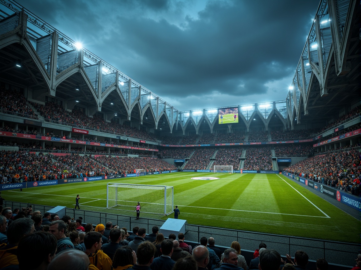 Prompt: Grandiose Gothic soccer stadium, steeply pitched roofs, intricate stone carvings, majestic ribbed vaults, flying buttresses, ornate gargoyles, vibrant team colors, lush green turf, modern floodlights, dramatic nighttime lighting, misty atmosphere, shallow depth of field, 1/2 composition, symmetrical architecture, grand entrance gates, historic architectural style, rustic stone walls, metallic roof trusses, stained glass windows, ornamental finials.