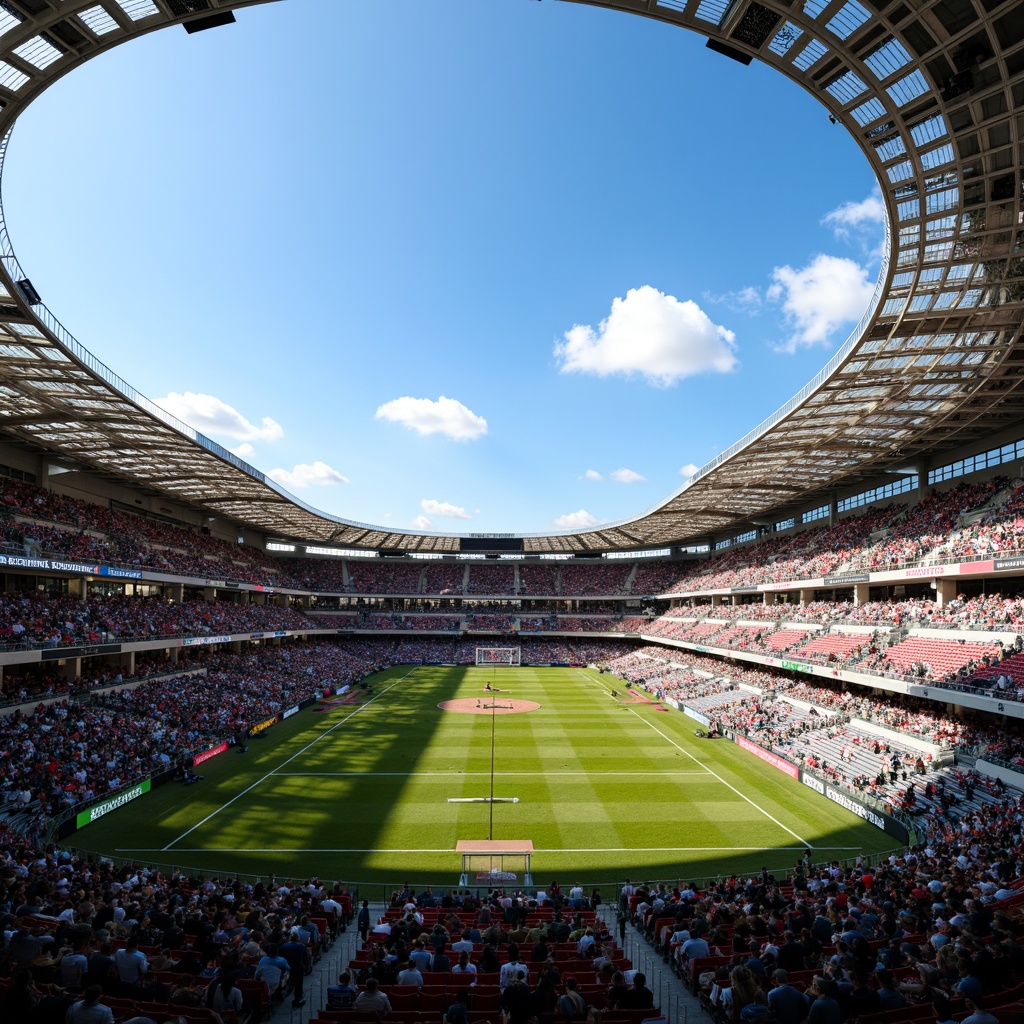 Prompt: Vibrant stadium atmosphere, bold sports branding, dynamic seating areas, energetic crowd scenes, bright LED lighting, warm sunny days, clear blue skies, lush green grass, modern architectural design, sleek curved lines, metallic structures, glass facades, bold typography, team spirit colors, contrasting accents, harmonious color balance, 3/4 composition, shallow depth of field, realistic textures, ambient occlusion.