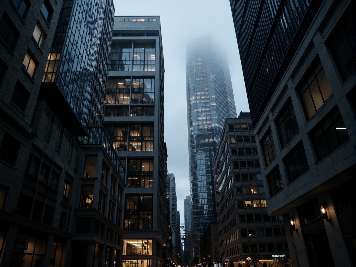 Prompt: Monochromatic skyscrapers, sleek metallic fa\u00e7ades, bold black accents, vibrant neon lights, abstract geometric patterns, futuristic watchtowers, urban cityscape, dark mysterious night, misty atmospheric effect, shallow depth of field, 1/1 composition, low-angle shot, cinematic lighting, ambient occlusion, realistic textures.