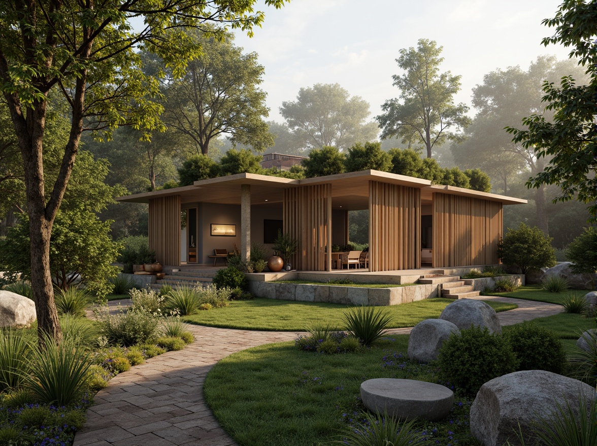 Prompt: Harmonious natural surroundings, lush green roofs, living walls, bamboo facades, wooden accents, earthy tones, organic shapes, curved lines, natural stone materials, reclaimed wood textures, seamless indoor-outdoor transitions, abundant natural light, soft warm ambiance, subtle shadows, 1/1 composition, realistic rendering, atmospheric perspective, misty morning atmosphere, serene forest backdrop, minimalist decor, eco-friendly furniture.