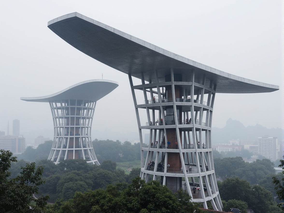 Prompt: Sleek watchtowers, modernist architecture, steel frameworks, cantilevered roofs, minimalist design, industrial materials, exposed ductwork, concrete pillars, geometric shapes, angular lines, functional simplicity, urban landscapes, city skylines, morning fog, soft diffused lighting, shallow depth of field, 1/1 composition, realistic textures, ambient occlusion.