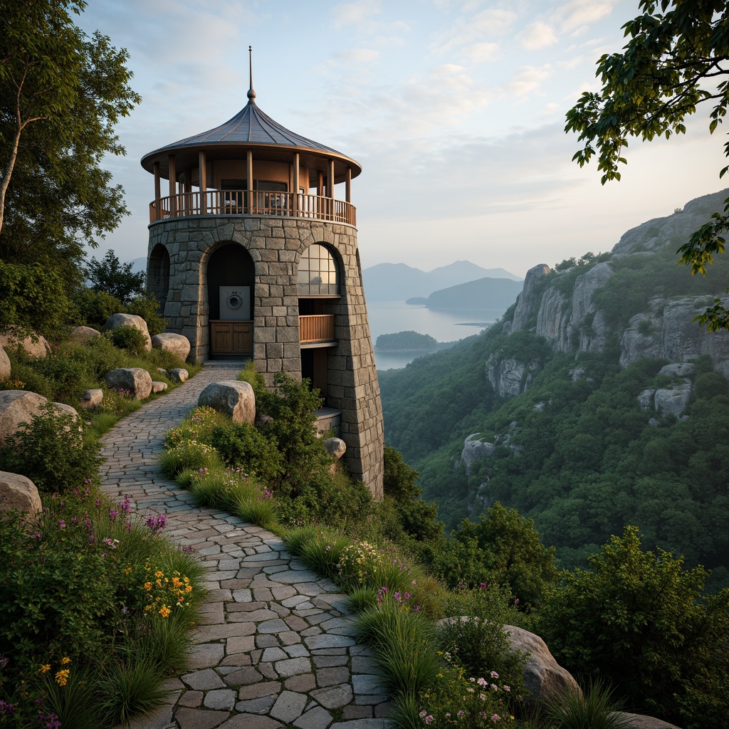 Prompt: Watchtower surrounded by lush greenery, winding stone pathways, natural rock formations, rustic wooden accents, panoramic views, misty mornings, soft warm lighting, atmospheric perspective, 1/1 composition, cinematic framing, realistic textures, ambient occlusion, curved lines, organic shapes, earthy color palette, weathered wood, moss-covered stones, vibrant wildflowers, serene atmosphere, secluded location.Please let me know if this meets your requirements!