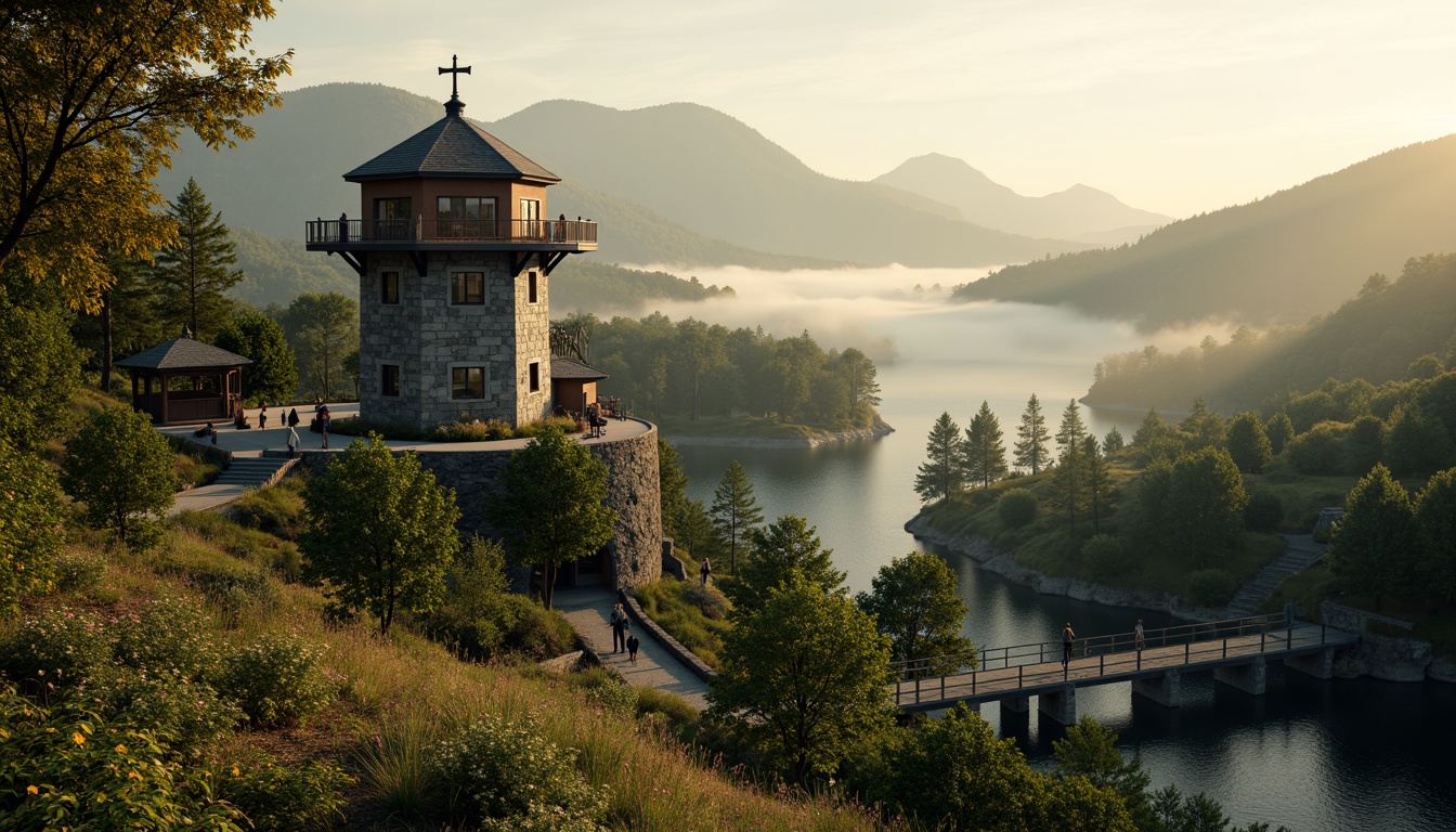 Prompt: Scenic watchtower, panoramic views, rolling hills, lush green forests, meandering stone paths, rustic wooden bridges, serene lakeside, misty morning atmosphere, warm golden lighting, shallow depth of field, 3/4 composition, natural stone walls, wooden accents, earthy color palette, organic textures, ambient occlusion, realistic foliage, subtle water effects.