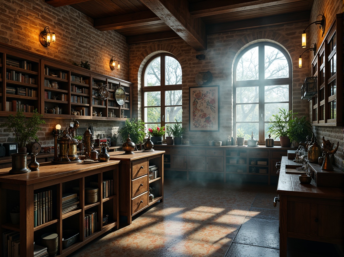 Prompt: Vibrant laboratory interior, ornate wooden cabinets, distressed metal equipment, vintage scientific instruments, rustic stone walls, arched windows, dim warm lighting, shallow depth of field, 1/1 composition, romantic colors, nostalgic textures, subtle ambient occlusion, worn leather-bound books, antique furniture, mysterious alchemy symbols, eerie atmospheric mist, soft focus effect.