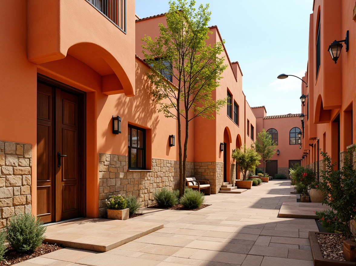 Prompt: Warm persimmon-colored buildings, earthy tone exteriors, rustic stone walls, vibrant orange accents, natural wooden doors, cozy interior spaces, warm beige floors, soft apricot-hued lighting, shallow depth of field, 1/1 composition, intimate atmosphere, realistic textures, ambient occlusion, Mediterranean-inspired architecture, curved lines, ornate details, lush greenery surroundings, sunny day, clear blue sky.