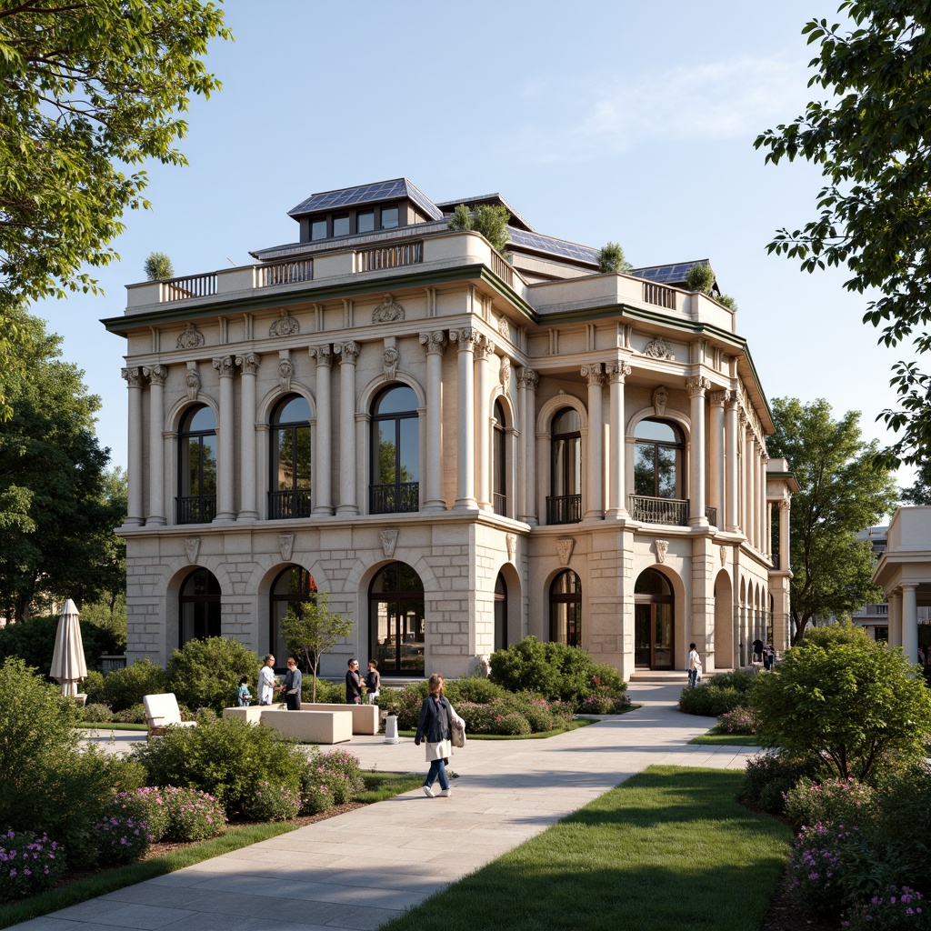 Prompt: Grand neoclassical building, ornate stone carvings, ionic columns, symmetrical facade, large windows, solar panels integrated into roof, green roofs, rainwater harvesting systems, eco-friendly building materials, natural ventilation systems, high ceilings, large skylights, LED lighting, energy-efficient appliances, recycling facilities, composting areas, lush greenery, vibrant flowers, shaded outdoor spaces, misting systems, arched doorways, decorative cornices, ornate moldings, elegant proportions, soft warm lighting, shallow depth of field, 3/4 composition, panoramic view, realistic textures, ambient occlusion.