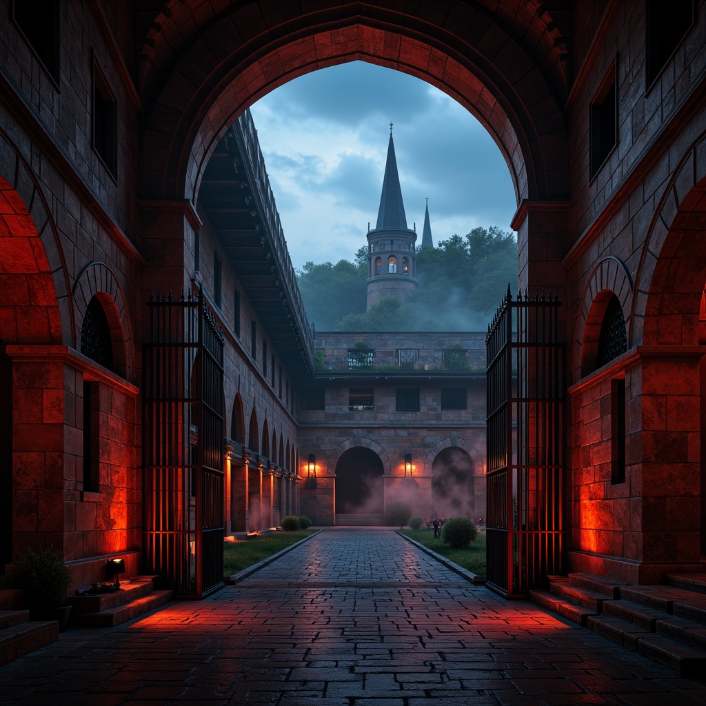 Prompt: Mysterious Gothic stadium, dark stone walls, ornate iron gates, grandiose arches, pointed spires, mystical ambiance, eerie fog, dim warm lighting, rich jewel tones, deep crimson reds, midnight blues, foreboding blacks, ancient weathered wood, intricate stonework patterns, mysterious shadows, dramatic spotlights, 3/4 composition, cinematic atmosphere, high contrast ratio, detailed textures.