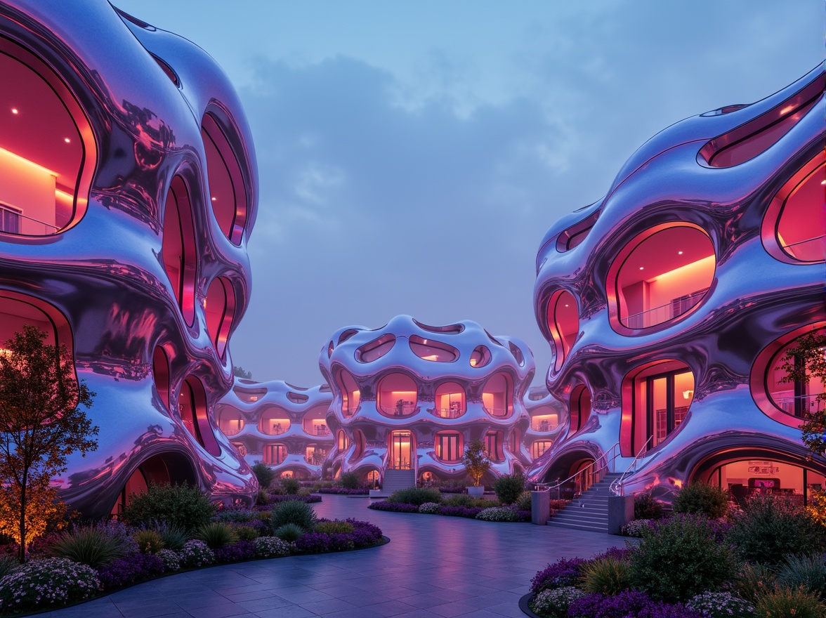 Prompt: Vibrant blob-shaped buildings, iridescent colors, neon-lit accents, glowing LED lights, futuristic architecture, undulating curves, organic forms, glossy surfaces, reflective materials, high-contrast hues, bold color blocking, gradient effects, ombre shading, 3D modeling, sci-fi ambiance, dreamlike atmosphere, surreal landscape, misty morning fog, soft focus, shallow depth of field, 1/2 composition.