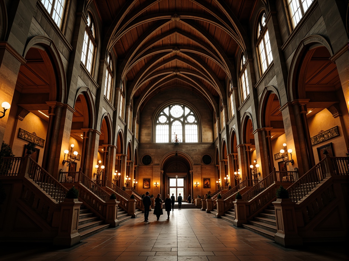 Prompt: Grand courthouse building, pointed Gothic arches, ribbed vaulted ceilings, flying buttresses, stained glass windows, intricate stone carvings, ornate metalwork, grand entrance halls, sweeping staircases, majestic columns, dimly lit corridors, mysterious atmosphere, warm golden lighting, dramatic shadows, high contrast ratio, narrow depth of field, 2/3 composition, symmetrical framing, rich textures, ambient occlusion.