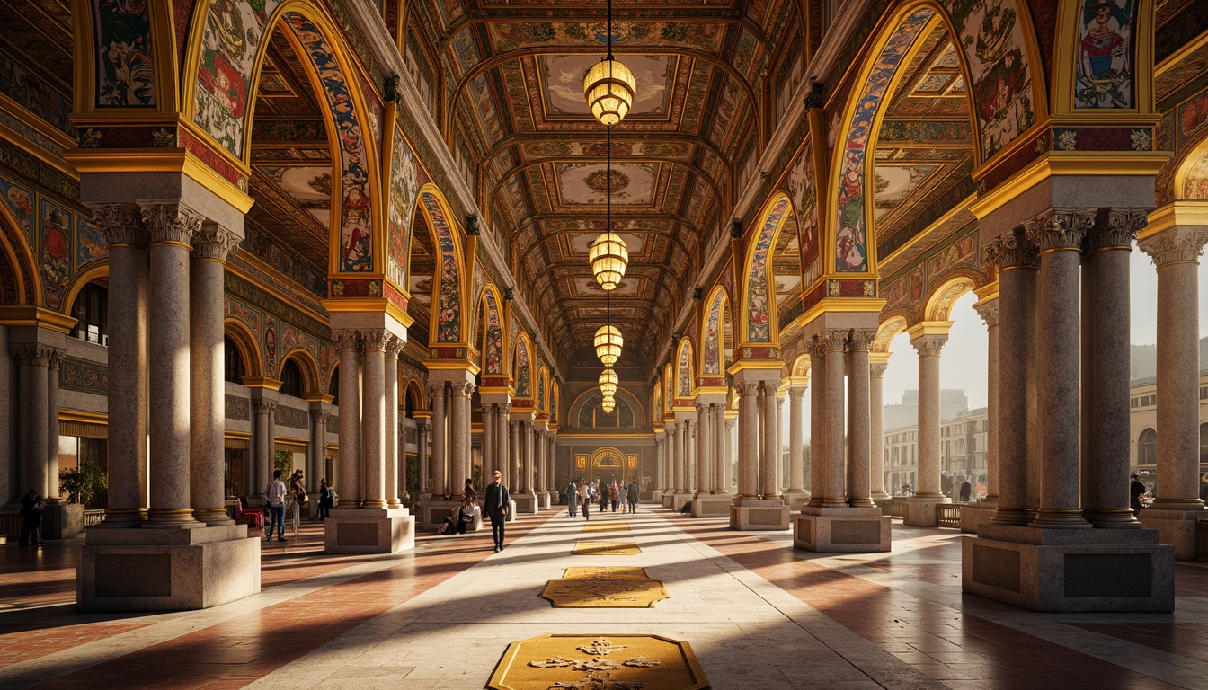 Prompt: Intricate mosaics, golden domes, ornate columns, marble floors, vibrant frescoes, richly patterned textiles, Byzantine-inspired arches, grandiose vaulted ceilings, ornamental capitals, polished stone surfaces, elaborate friezes, warm ambient lighting, soft focus, shallow depth of field, 1/2 composition, symmetrical framing, realistic reflections, high-dynamic-range rendering.