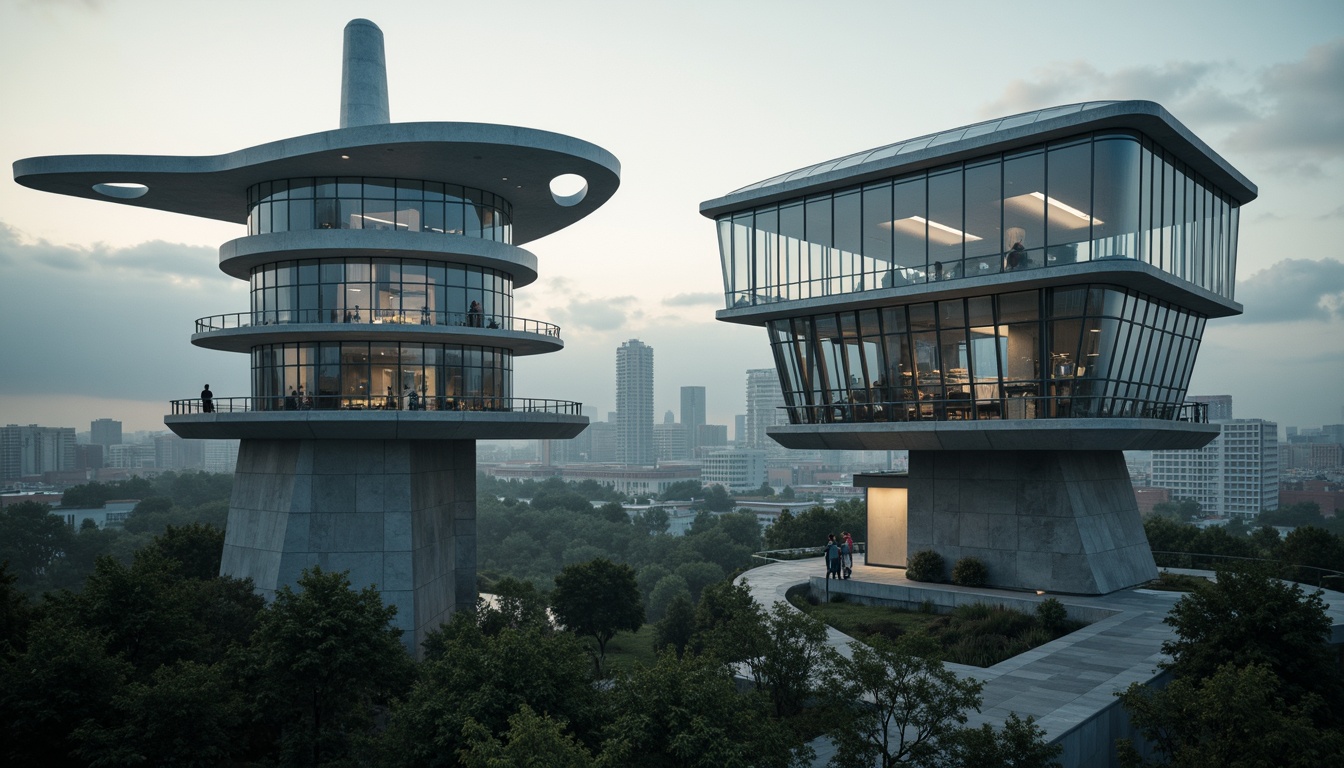 Prompt: Futuristic watchtowers, sleek metallic structures, geometric patterns, angular lines, minimalist design, modernist architecture, industrial materials, concrete foundations, steel beams, glass enclosures, cantilevered platforms, panoramic views, urban landscapes, city skylines, moody lighting, dramatic shadows, high contrast, bold compositions, 2/3 framing, atmospheric perspective, cinematic mood.