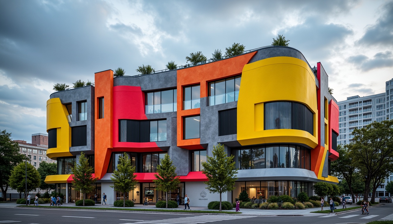 Prompt: Vibrant gymnasium facade, dynamic curves, bold angular lines, asymmetrical compositions, abstract expressionist patterns, bright contrasting colors, textured concrete walls, metallic accents, cantilevered structures, oversized windows, fragmented forms, geometric motifs, futuristic aesthetics, urban cityscape background, cloudy sky with dramatic lighting, shallow depth of field, 1/2 composition, cinematic view, high-contrast textures, ambient occlusion.