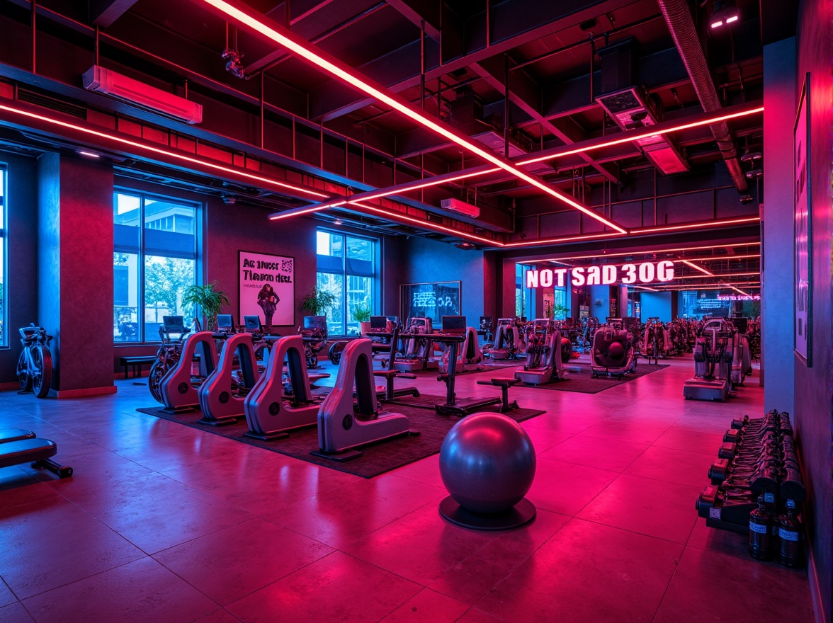 Prompt: Vibrant fitness club, energetic atmosphere, bold color scheme, bright neon lights, intense red accents, deep blue tones, metallic silver equipment, modern industrial design, polished concrete floors, sleek glass walls, motivational quotes, dynamic lighting effects, high-contrast shadows, dramatic architectural angles, urban loft style, active wear-inspired textiles, futuristic glow-in-the-dark details.