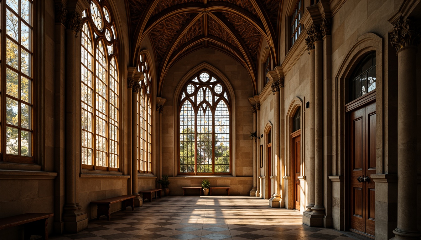 Prompt: Ornate Gothic windows, stained glass panels, arched openings, grand symmetrical fa\u00e7ade, classical columns, carved stone details, intricate tracery, ornamental metalwork, warm golden lighting, soft diffused illumination, subtle shadows, 1/2 composition, atmospheric perspective, realistic reflections, subtle texture overlays.