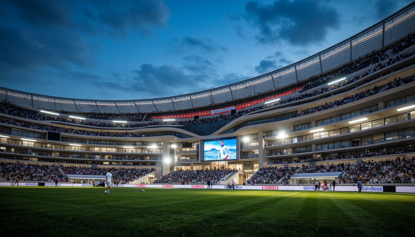 Prompt: Futuristic soccer stadium, dynamic curved lines, sleek metallic fa\u00e7ade, LED lighting systems, translucent glass panels, cantilevered roofs, open-air grandstands, lush green grass, vibrant team colors, modern scoreboard displays, atmospheric night-time ambiance, shallow depth of field, 1/1 composition, panoramic view, realistic reflections, ambient occlusion, international cultural fusion, minimalist structural elements, sustainable energy-efficient systems, wind turbines, solar panels, water conservation features, eco-friendly building materials.