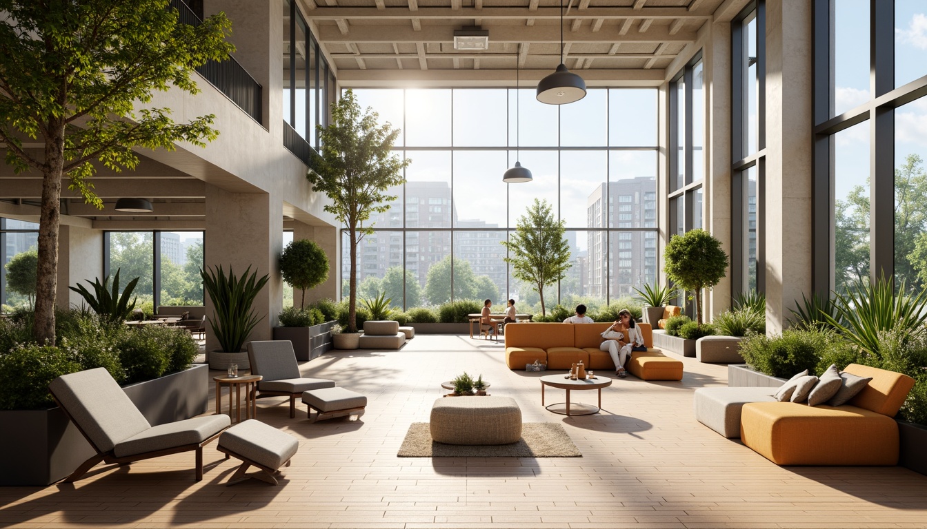 Prompt: Vibrant office building, floor-to-ceiling windows, natural light pouring in, wooden floors, minimalist decor, sleek metal frames, open spaces, collaborative workstations, cozy reading nooks, green walls, living plants, warm beige tones, soft diffused lighting, 1/1 composition, realistic textures, ambient occlusion.