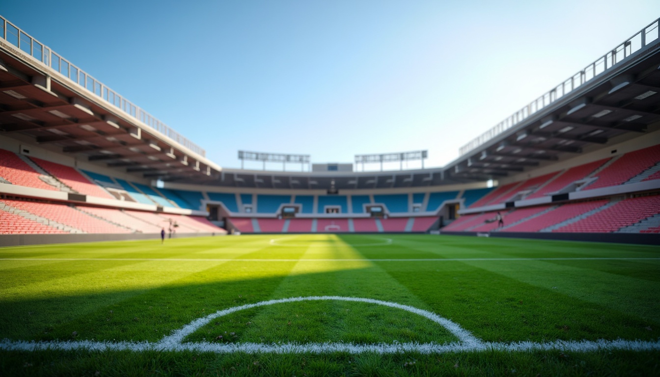 Prompt: Professional sports stadium, lush green grass, rubberized athletic tracks, durable goalposts, vibrant team colors, modern floodlighting, clear blue skies, sunny day, soft warm lighting, shallow depth of field, 3/4 composition, panoramic view, realistic textures, ambient occlusion.