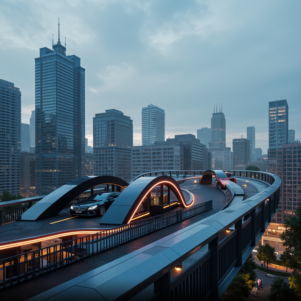 Prompt: Futuristic vehicular bridge, experimental architecture, sleek metallic structures, cantilevered roadways, suspension systems, dynamic curves, futuristic lighting, neon strips, urban cityscape, misty evening atmosphere, shallow depth of field, 1/2 composition, dramatic shadows, realistic reflections, ambient occlusion, advanced materials, carbon fiber textures, LED strip lights, aerodynamic forms, innovative support systems, bold geometric shapes.