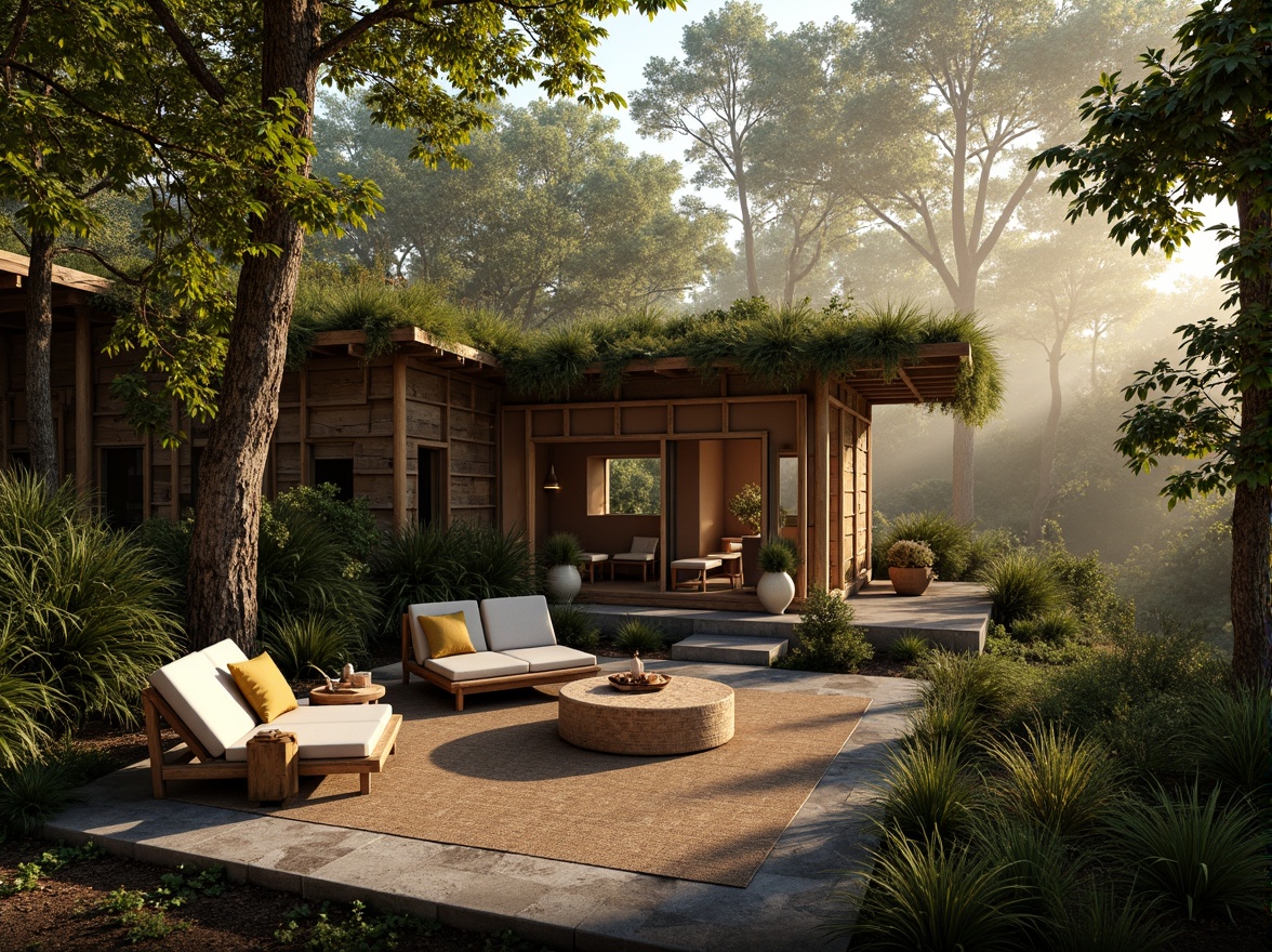 Prompt: Earthy cabin, reclaimed wood accents, natural stone walls, living roofs, greenery overhangs, bamboo flooring, rattan furniture, woven textiles, organic shapes, earthy color palette, soft warm lighting, shallow depth of field, 3/4 composition, realistic textures, ambient occlusion, serene forest surroundings, misty morning atmosphere, warm sunlight filtering through trees.