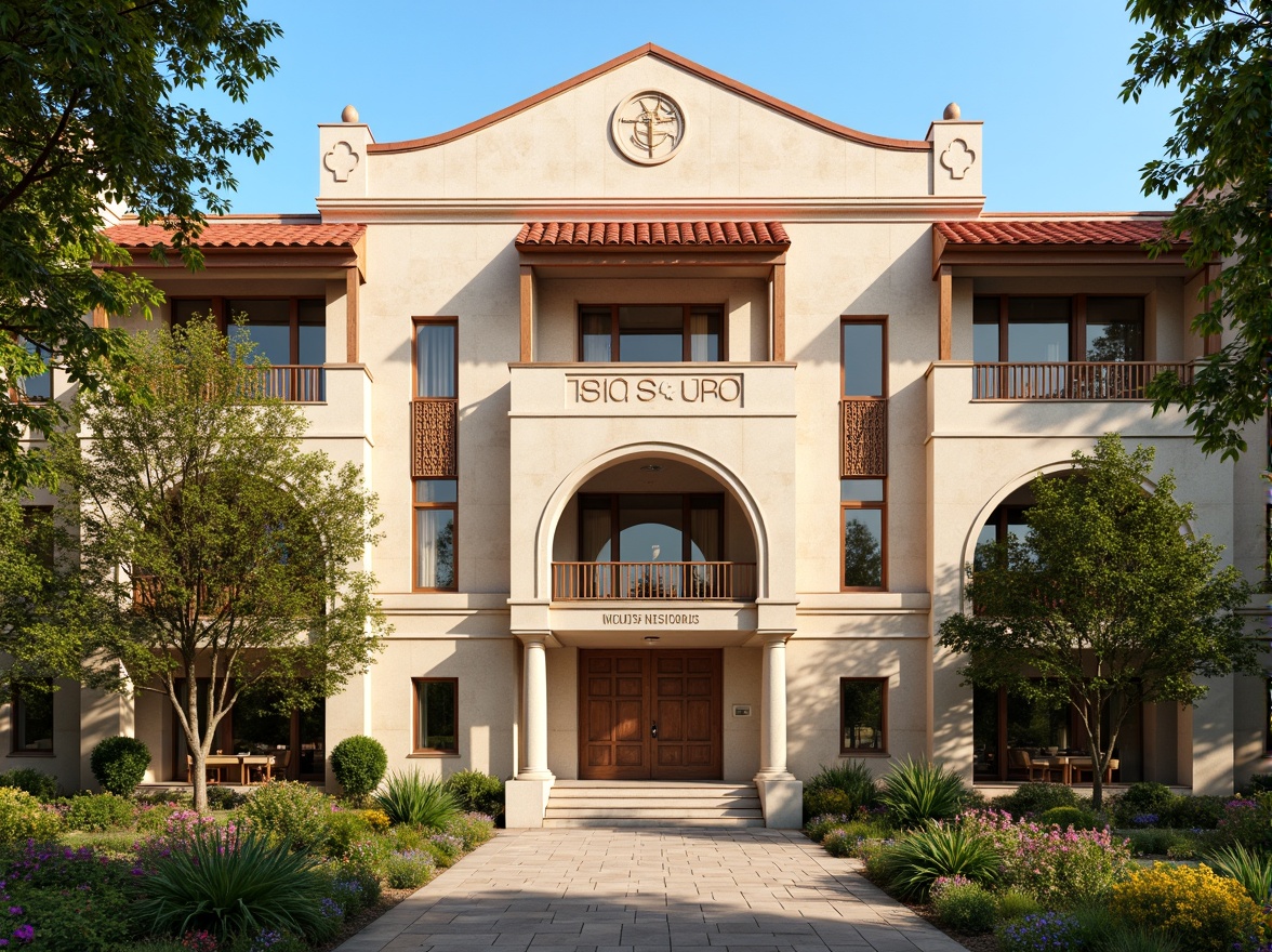 Prompt: Renaissance-style middle school building, ornate stone facade, arched windows, rusticated quoins, grand entrance portal, symmetrical composition, classical columns, carved wooden doors, decorative metal railings, vibrant red-tiled roof, lush greenery, blooming flowers, natural stone walkways, warm sunny day, soft golden lighting, shallow depth of field, 3/4 composition, panoramic view, realistic textures, ambient occlusion.