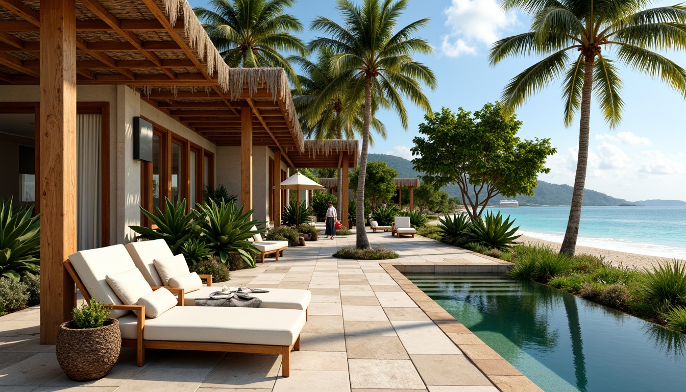 Prompt: Tropical island villa, natural stone walls, wooden accents, woven rattan furniture, palm frond roofs, coral-inspired facades, ocean-breeze weathered wood, driftwood decorations, sandy pathways, lush greenery, exotic flowers, turquoise waters, sunny day, soft warm lighting, shallow depth of field, 3/4 composition, panoramic view, realistic textures, ambient occlusion.