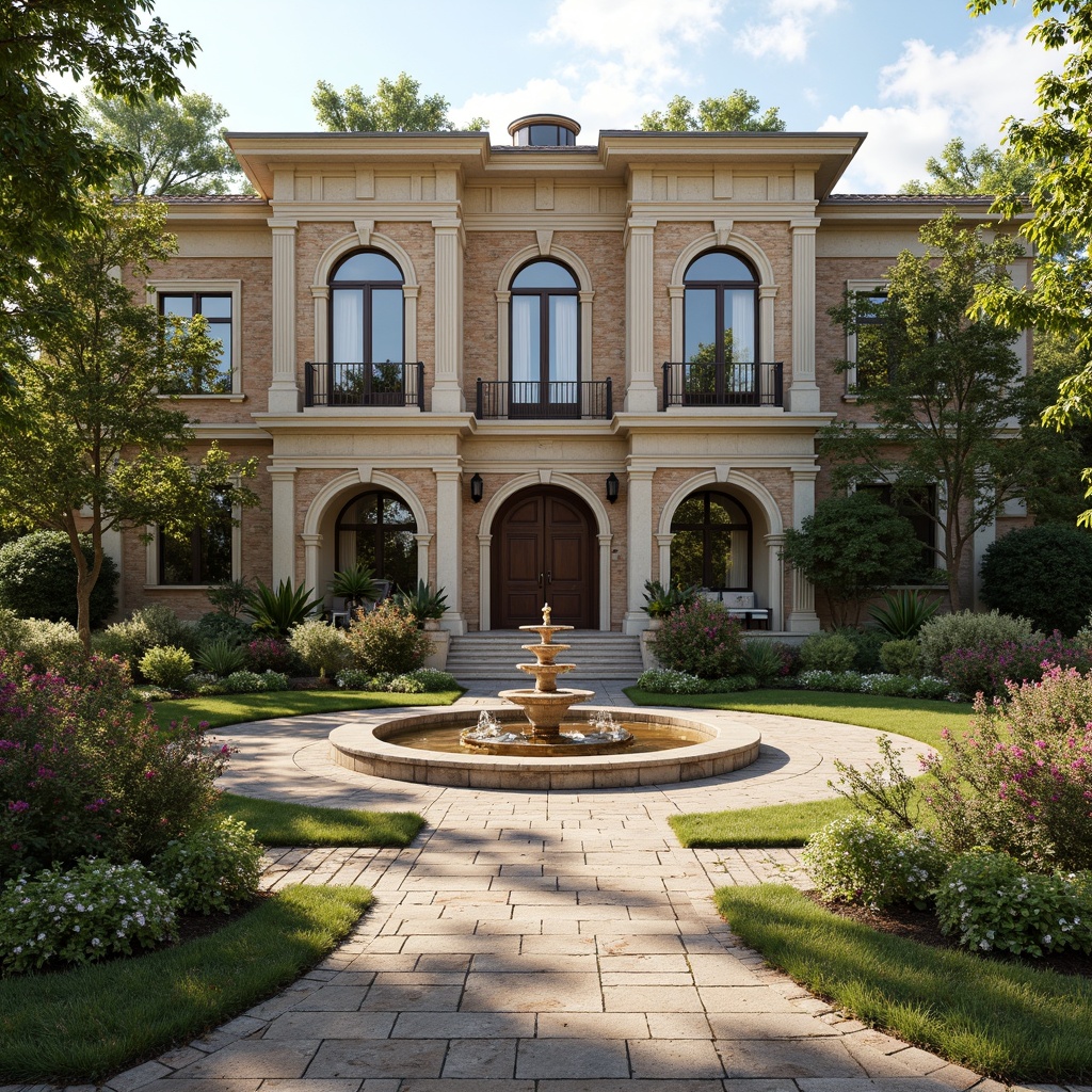 Prompt: Elegant villa facade, symmetrical architecture, balanced composition, ornate details, classic columns, arched windows, grand entrance, manicured lawn, vibrant flowerbeds, serene fountain, natural stone pathways, rustic brick walls, soft warm lighting, shallow depth of field, 1/1 composition, central axis symmetry, harmonious proportions, refined textures, ambient occlusion.