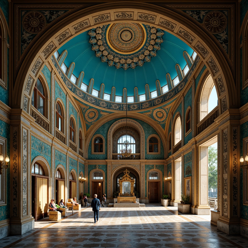 Prompt: Majestic Byzantine architecture, intricately patterned azure domes, golden accents, ornate mosaics, luxurious marble floors, grandiose archways, regal thrones, vibrant turquoise walls, richly textured fabrics, ornamental frescoes, subtle cream highlights, warm candlelight, dramatic chiaroscuro, 1/2 composition, symmetrical framing, atmospheric perspective, highly detailed textures, subtle ambient occlusion.