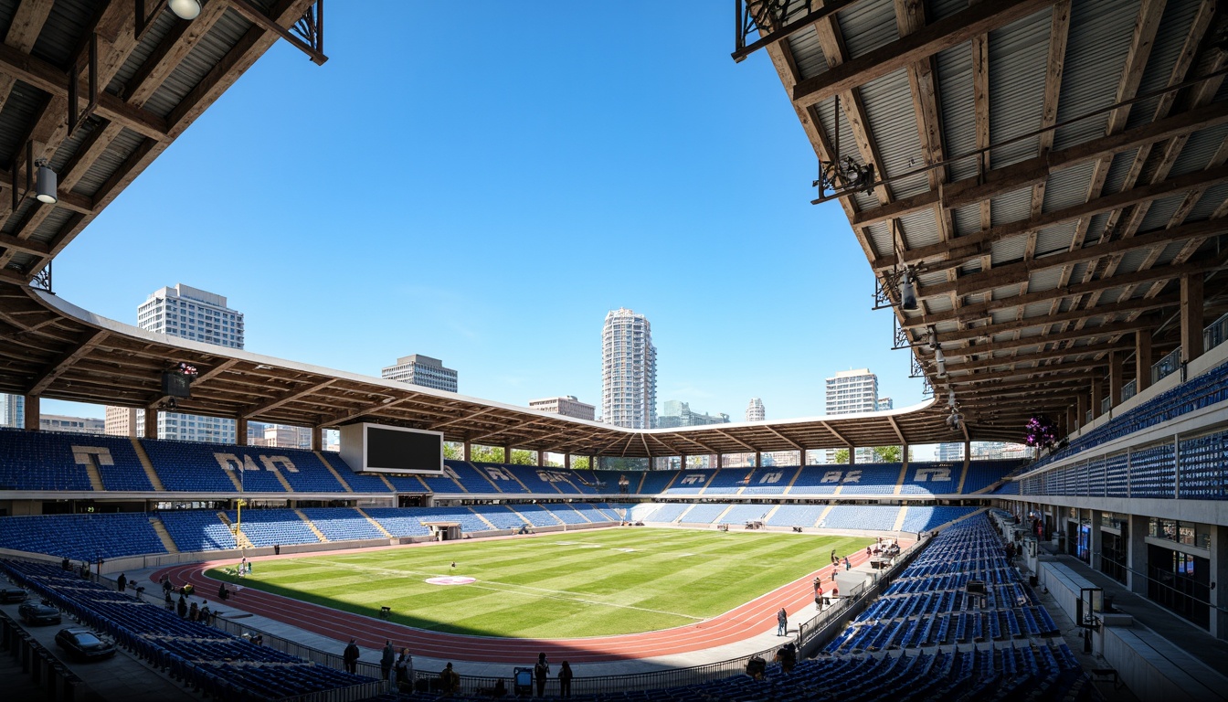 Prompt: Modern stadium architecture, exposed steel structures, industrial aesthetic, brutalist design, cantilevered roofs, grandstand seating, sports field lighting, athletic tracks, scoreboard displays, urban cityscape backdrop, clear blue sky, dramatic shadowing, high-contrast photography, 1/2 composition, strong diagonal lines, abstract textures, ambient occlusion.