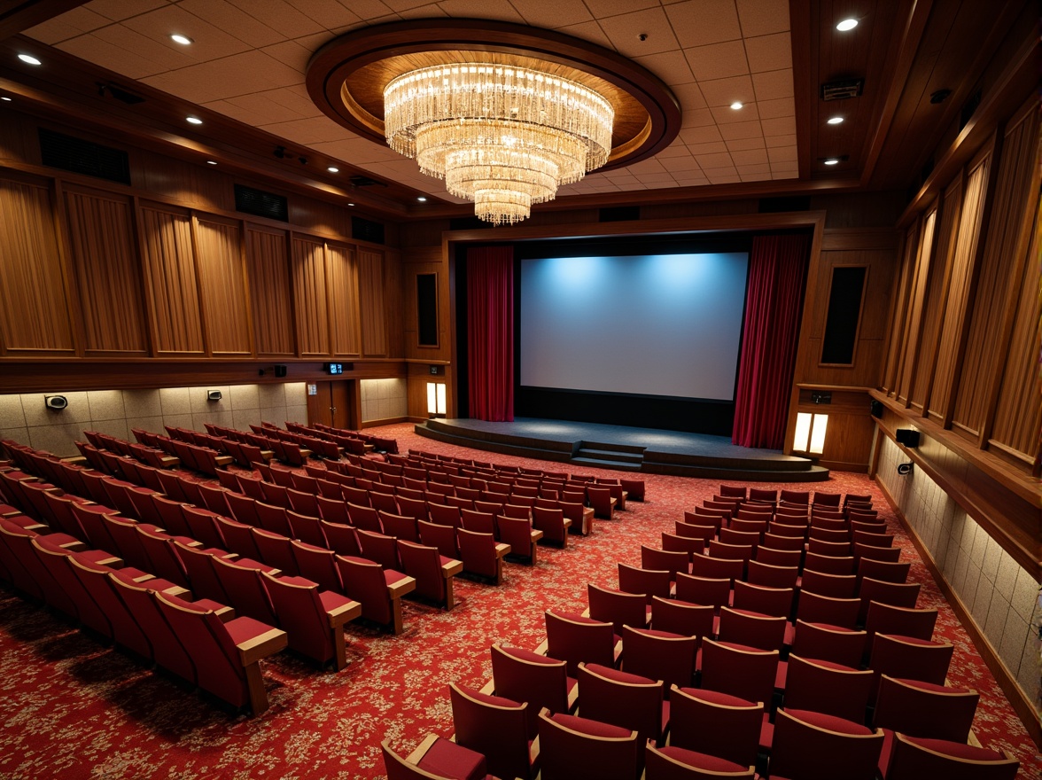 Prompt: Elegant auditorium interior, luxurious seating, plush carpets, ornate chandeliers, grand stage, velvet curtains, wooden acoustic panels, tiered seating arrangement, optimal sightlines, comfortable audience experience, state-of-the-art sound systems, subtle ambient lighting, dramatic spotlights, richly textured walls, sophisticated color schemes, refined architectural details, harmonious spatial proportions, functional circulation paths, accessible wheelchair ramps.