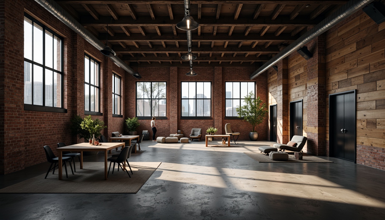 Prompt: Industrial warehouse, exposed brick walls, metal beams, reclaimed wood accents, polished concrete floors, minimalist decor, modernist furniture, functional lighting, urban landscape, overcast sky, dramatic shadows, high contrast ratio, 1/2 composition, shallow depth of field, cinematic mood, gritty textures, ambient occlusion.