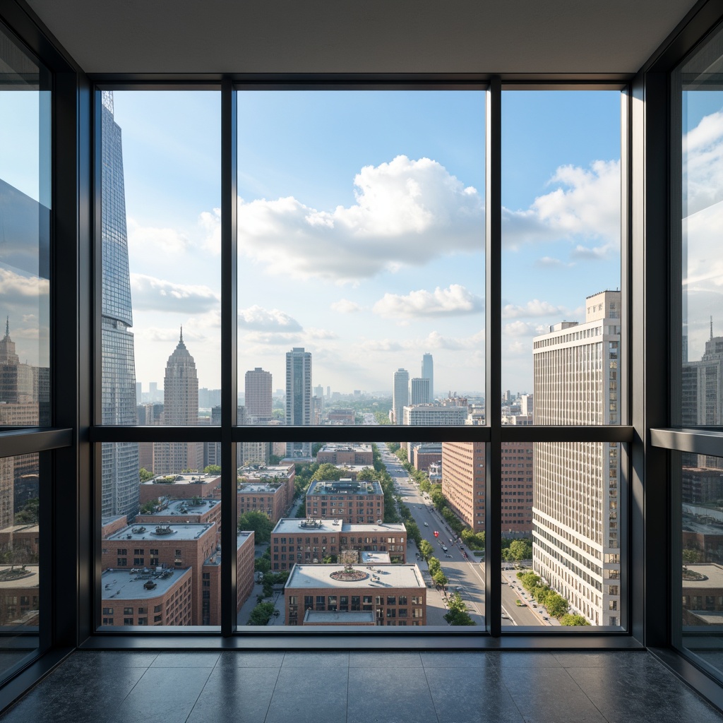 Prompt: Bright modern windows, minimalist frames, transparent glass surfaces, reflective coatings, abundant natural light, panoramic views, urban cityscape, bustling streets, sleek skyscrapers, blue sky with fluffy clouds, warm sunny day, soft diffused lighting, shallow depth of field, 3/4 composition, realistic textures, ambient occlusion.