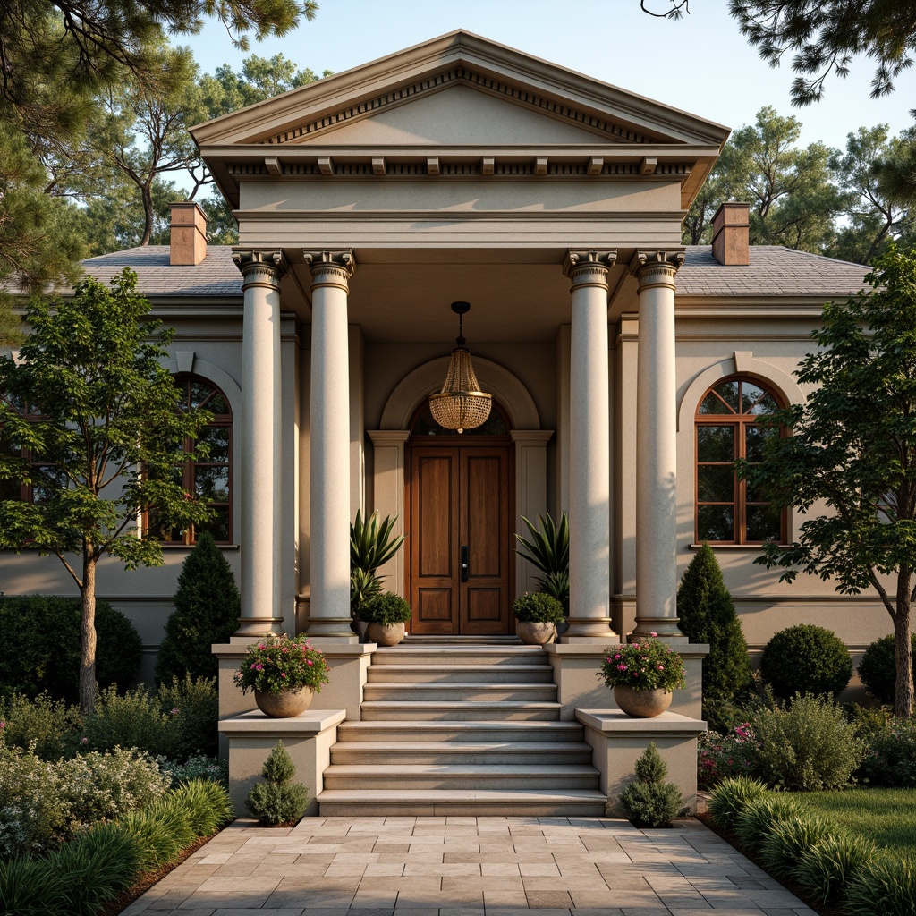 Prompt: Elegant villa facade, sturdy columns, ornate capitals, classic architraves, rustic stone walls, lush greenery, blooming flowers, grand entrance, sweeping staircase, marble floors, crystal chandeliers, soft warm lighting, shallow depth of field, 3/4 composition, realistic textures, ambient occlusion.