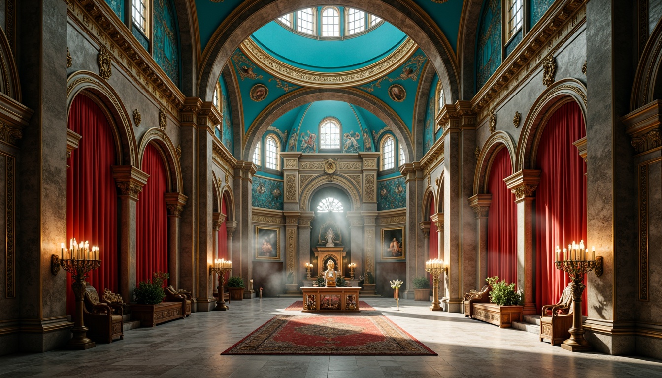 Prompt: Byzantine-style church interior, rich azure domes, golden accents, ornate mosaics, intricate stone carvings, lavish frescoes, vibrant turquoise hues, majestic archways, grandiose columns, regal red velvet drapes, subtle cream marble flooring, warm candlelight ambiance, dramatic shadows, high-contrast lighting, 1/2 composition, ornamental details, realistic textures, atmospheric fog.