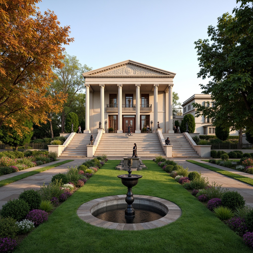 Prompt: Historic museum facade, grand entrance stairs, ornate columns, lush green lawns, vibrant flower beds, meandering pathways, natural stone walkways, bronze sculptures, elegant fountains, tranquil ponds, majestic trees, soft warm lighting, shallow depth of field, 3/4 composition, panoramic view, realistic textures, ambient occlusion, subtle color palette, sophisticated architectural details, refined landscape design, harmonious integration with surroundings.