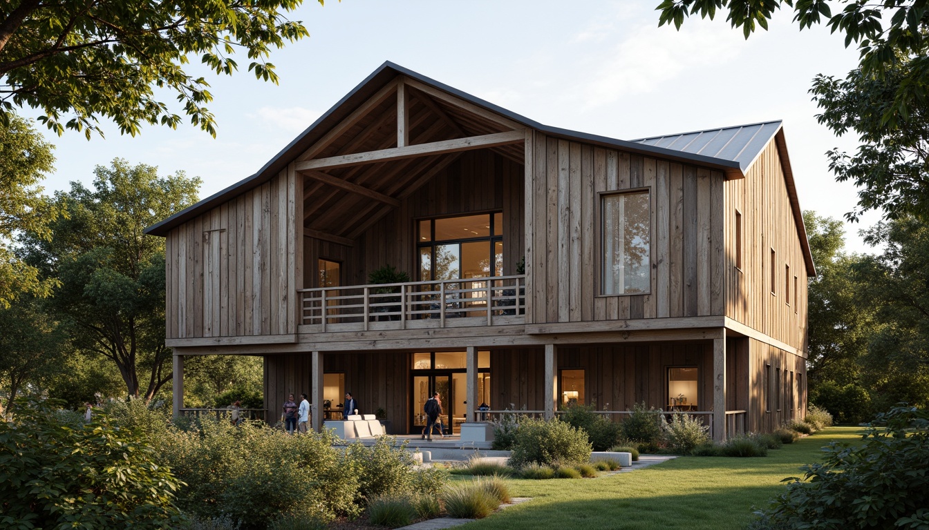 Prompt: Rustic barn-like academic building, asymmetrical roofline, overlapping gabled roofs, wooden trusses, exposed beams, corrugated metal cladding, weathered steel accents, earthy color palette, lush greenery, overhanging eaves, clerestory windows, natural light pouring in, soft warm ambiance, shallow depth of field, 3/4 composition, panoramic view, realistic textures, ambient occlusion.