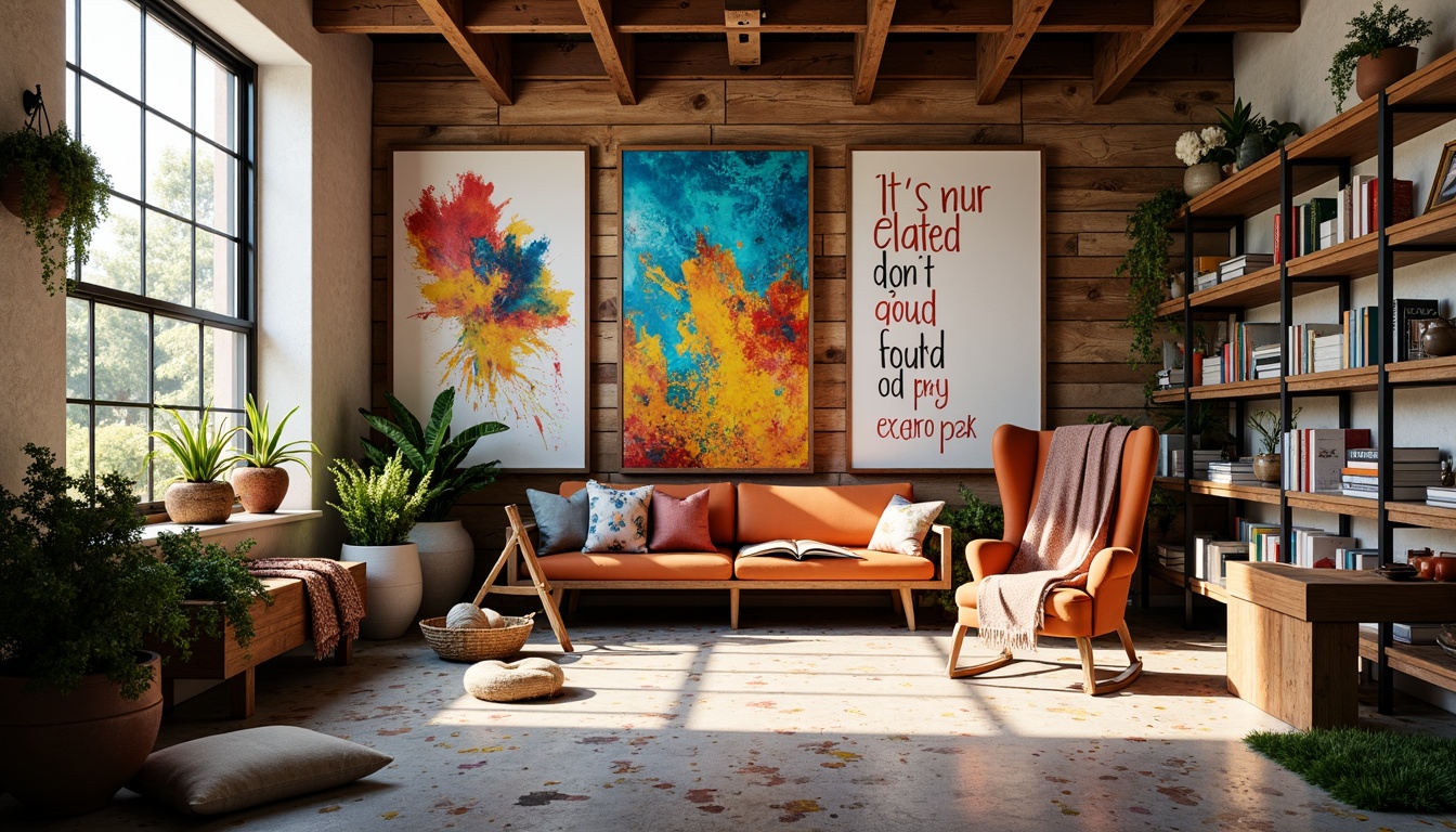 Prompt: Vibrant artistic studio, eclectic mix of colors, bold brushstrokes, textured canvases, easel, paint-splattered floors, natural light pouring in, inspirational quotes, cozy reading nooks, plush throw blankets, modern minimalist decor, industrial metal shelving, reclaimed wood accents, warm golden lighting, shallow depth of field, 1/2 composition, soft focus, realistic textures, ambient occlusion.