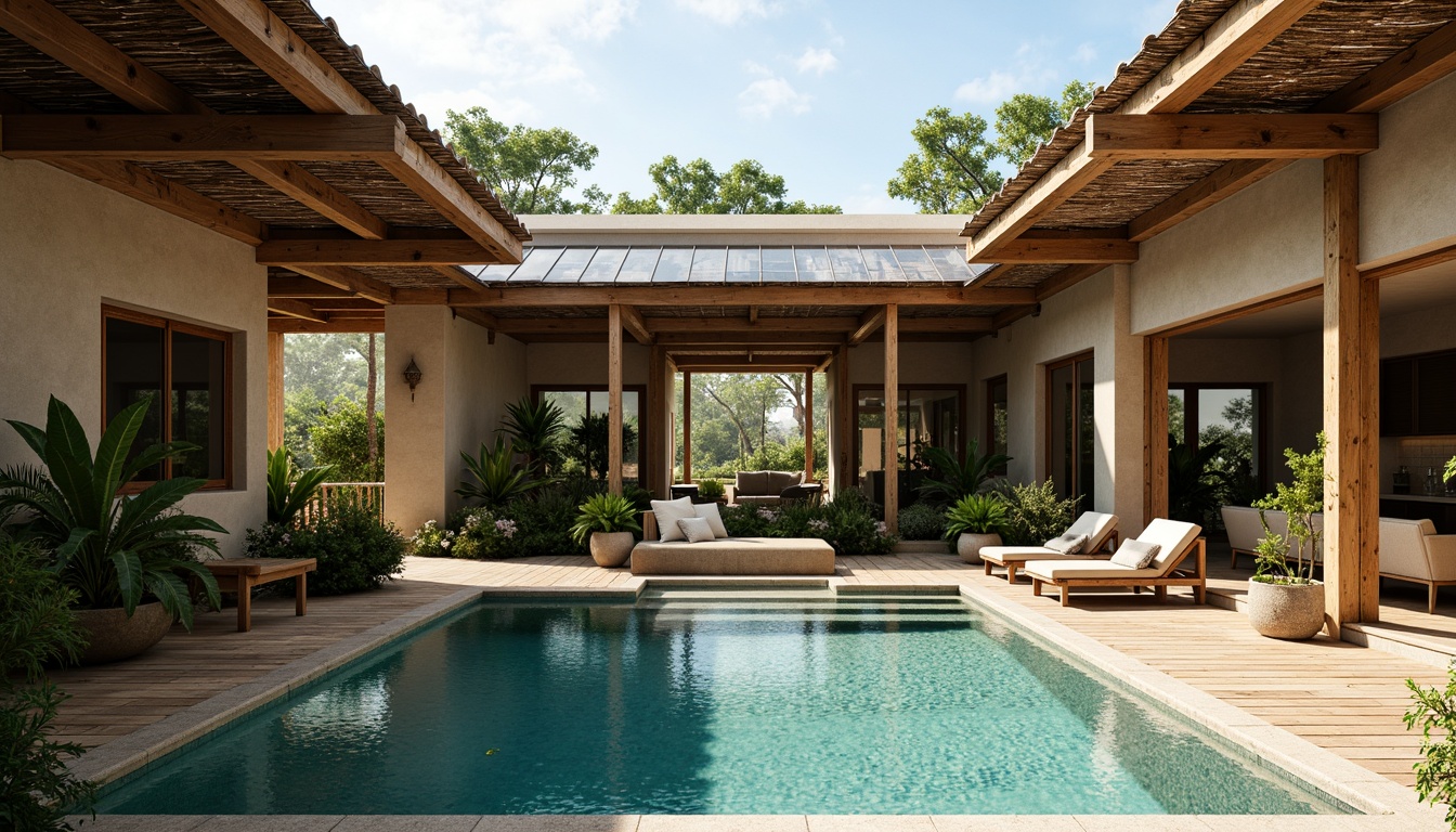 Prompt: Rustic swimming pool, wooden decking, natural stone walls, earthy color palette, lush greenery, tropical plants, large windows, sliding glass doors, clerestory windows, high ceilings, open beams, exposed ductwork, industrial-style lighting, concrete floors, steel frames, corrugated metal roofing, solar panels, wind catchers, large overhangs, shading devices, natural ventilation systems, cross-ventilation design, warm sunny day, soft diffused lighting, 3/4 composition, realistic textures.