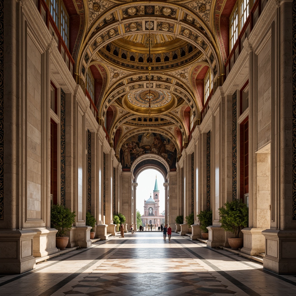 Prompt: Intricate stone carvings, ornate arches, golden domes, grand entranceways, lavish mosaics, vibrant frescoes, richly patterned textiles, ornamental columns, marble floors, majestic bell towers, symmetrical compositions, warm afternoon light, soft shadows, 1/2 composition, realistic architectural details, ambient occlusion.