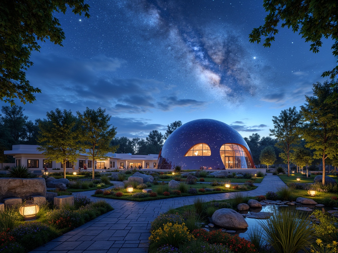 Prompt: Celestial-themed planetarium, futuristic dome structure, starry night sky, glowing constellation patterns, lush greenery, vibrant flowers, winding walking paths, decorative stone features, natural rock formations, sparkling water features, misty fog effects, soft ambient lighting, shallow depth of field, 3/4 composition, panoramic view, realistic textures, ambient occlusion.