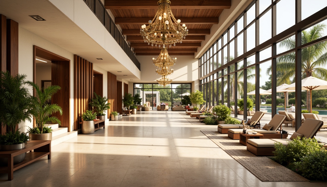 Prompt: Cozy hotel lobby, high ceilings, grand chandeliers, marble floors, sleek wooden accents, floor-to-ceiling windows, transparent glass doors, warm natural lighting, soft shadows, ambient atmosphere, lavish greenery, potted plants, vibrant flowers, outdoor pool areas, sun-kissed decks, lounge chairs, umbrellas, tropical-inspired decor, warm beige colors, creamy textures, minimal obstructions, open floor plans, 1/1 composition, soft focus, warm color temperature, realistic reflections.