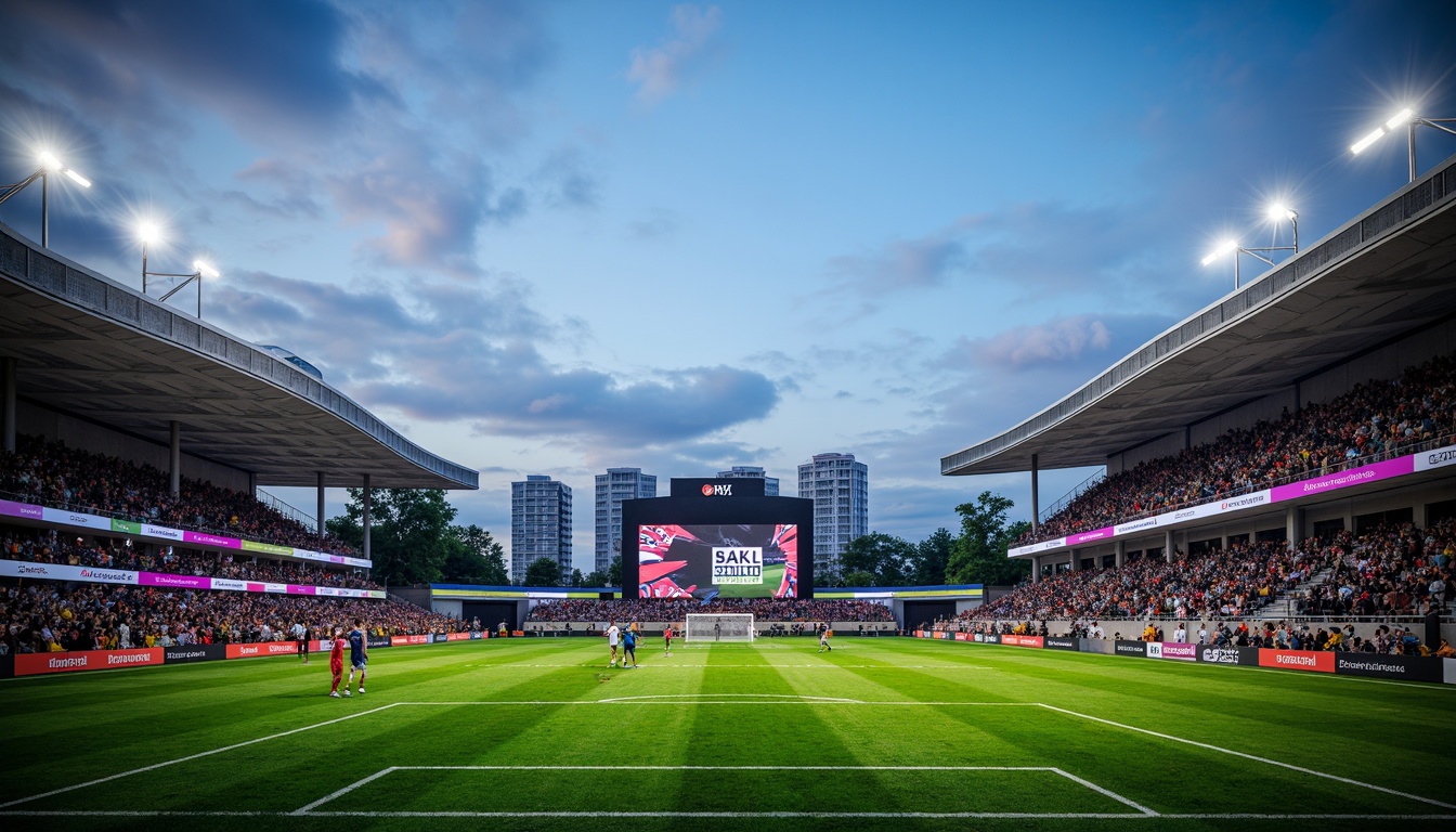 Prompt: \Soccer stadium, green grass pitch, tiered seating, vibrant team colors, modern architecture, curved lines, cantilevered roofs, LED scoreboard displays, floodlighting, evening atmosphere, dramatic shadows, shallow depth of field, 1/2 composition, wide-angle lens, realistic textures, ambient occlusion, bustling crowd, energetic vibe, dynamic player movements.\