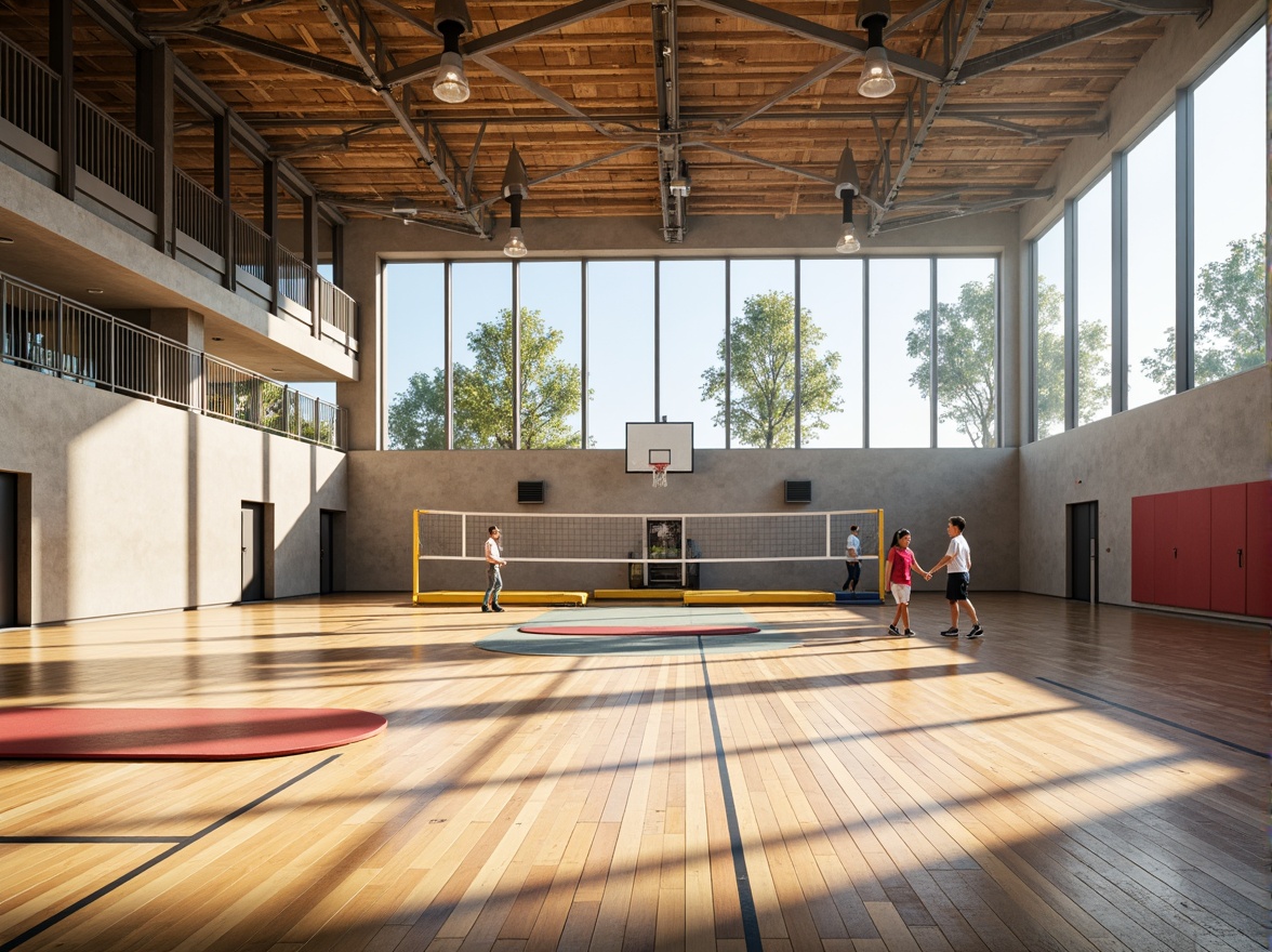 Prompt: Modern gymnasium interior, wooden flooring, sports equipment, basketball hoops, volleyball nets, athletic tracks, motivational quotes, natural light pouring in, large windows, sleek metal beams, minimalist design, open spaces, dynamic lighting, shallow depth of field, 3/4 composition, realistic textures, ambient occlusion, vibrant colors, energetic atmosphere, school spirit, youthful energy.