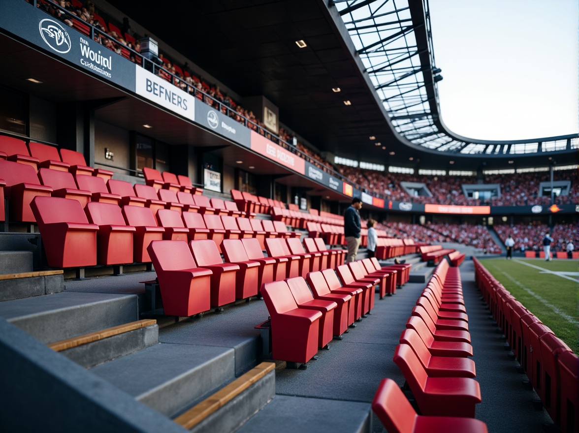 Prompt: Curved stadium seating, tiered rows, comfortable cushioning, vibrant team colors, sleek metal railings, clear sightlines, optimal viewing angles, spacious legroom, ergonomic chair design, luxurious VIP areas, concession stands, dynamic LED lighting, energetic atmosphere, lively crowd interactions, shallow depth of field, 1/2 composition, wide-angle shot, realistic textures, ambient occlusion.