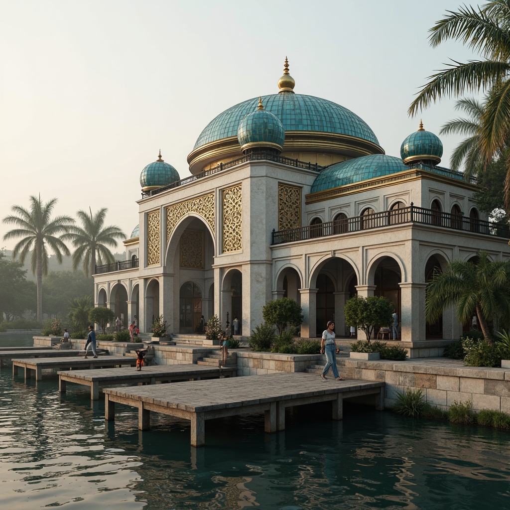 Prompt: \Waterfront boathouse, Byzantine-inspired architecture, ornate domes, golden accents, intricate stone carvings, turquoise tiles, majestic archways, grandiose windows, rustic wooden docks, serene lake views, misty morning atmosphere, soft warm lighting, shallow depth of field, 1/1 composition, realistic textures, ambient occlusion.\