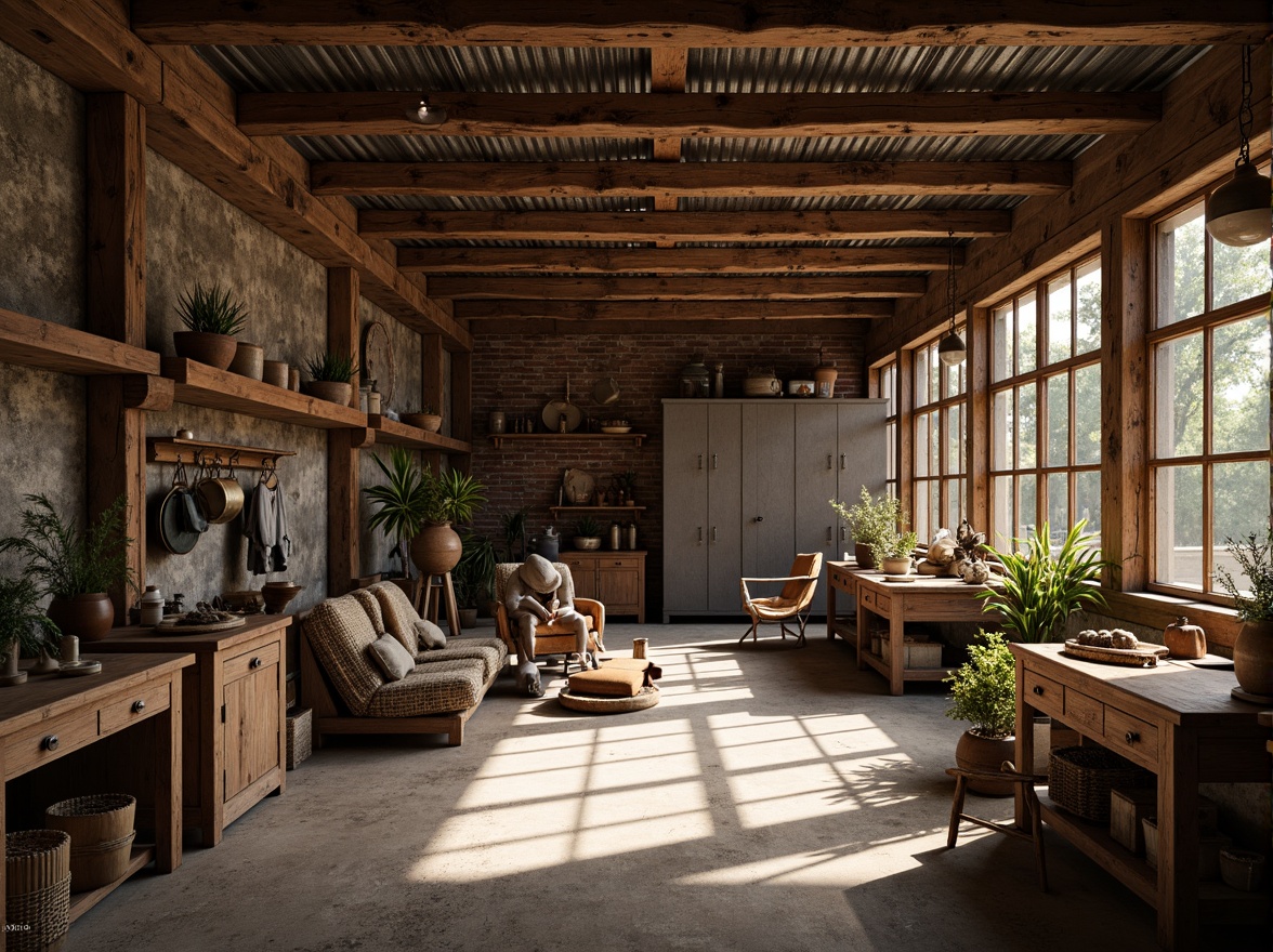 Prompt: Rustic workshop, earthy tones, natural materials, reclaimed wood accents, corrugated metal roofs, wooden beams, exposed brick walls, local stone foundations, handcrafted wooden furniture, vintage tools, warm ambient lighting, soft diffused shadows, shallow depth of field, 1/2 composition, realistic textures, ambient occlusion.